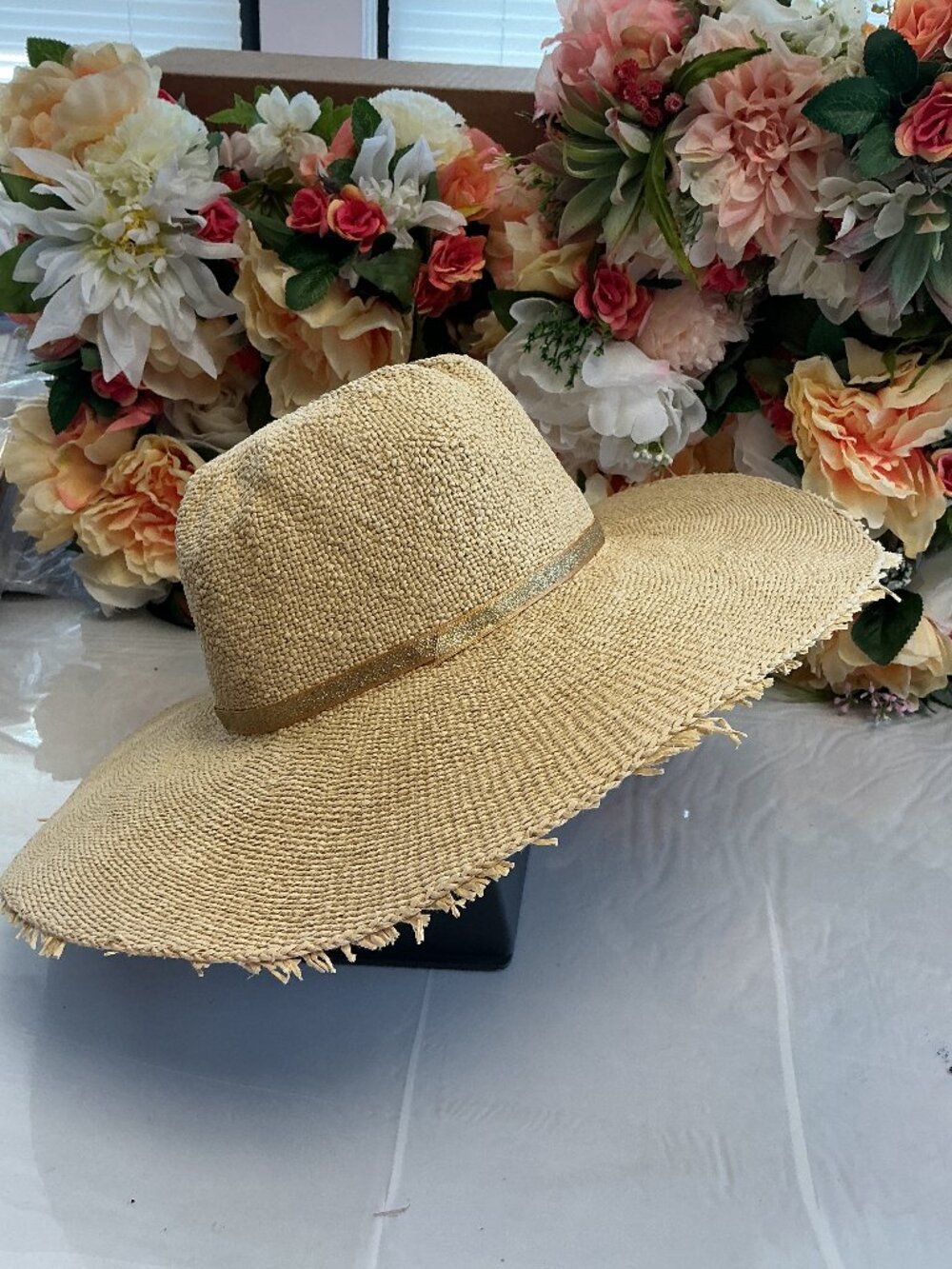 Tropical Trends Wide Brim Floppy Sun Hat Natural Straw Look One Size